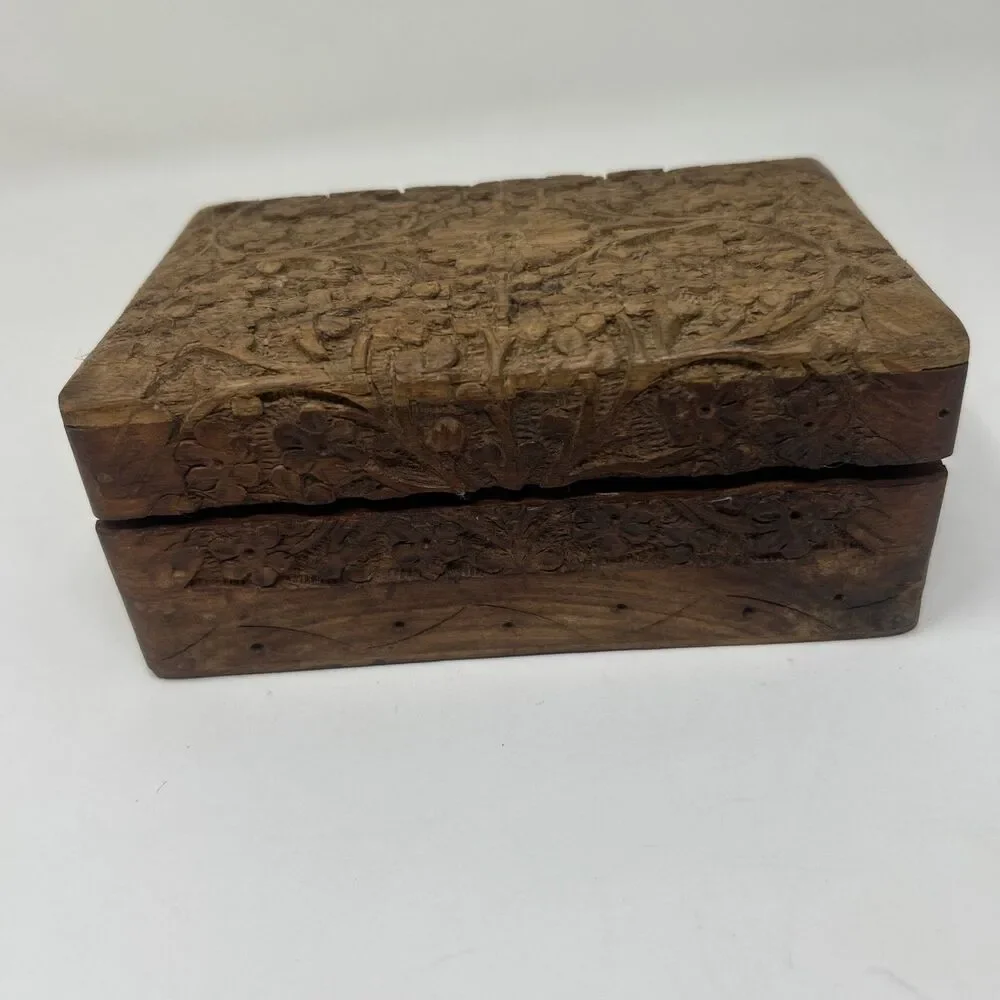 Vintage Carved Wooden Box Jewelry Trinket Flora